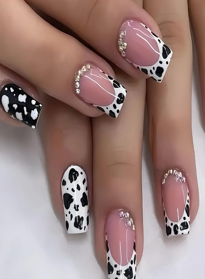 OCOUYVD 24 Pcs French Tip Press on Nails Short Square Shaped Fake Nails with Cow Print and Rhinestones Design Pink Glossy Leopard Acrylic Nails Full Cover Stick on Nail for Women Nail Manicure Decoration - Image 1